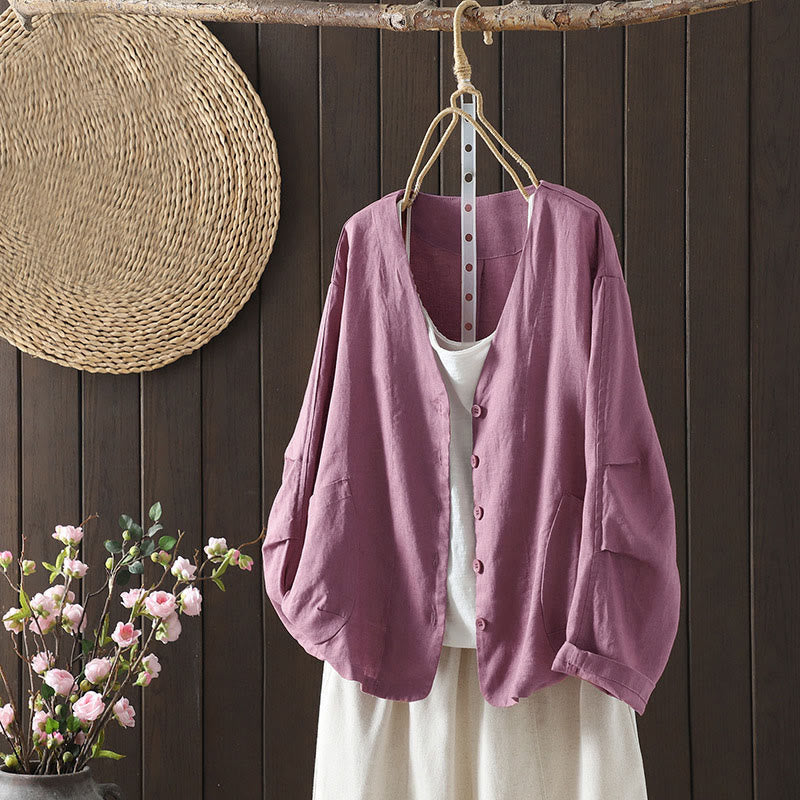 Buddha Stones Pure Color V-neck Women's Jacket With Pockets - PaleVioletRed - US14，UK/AU18，EU46 (2XL) - image 6