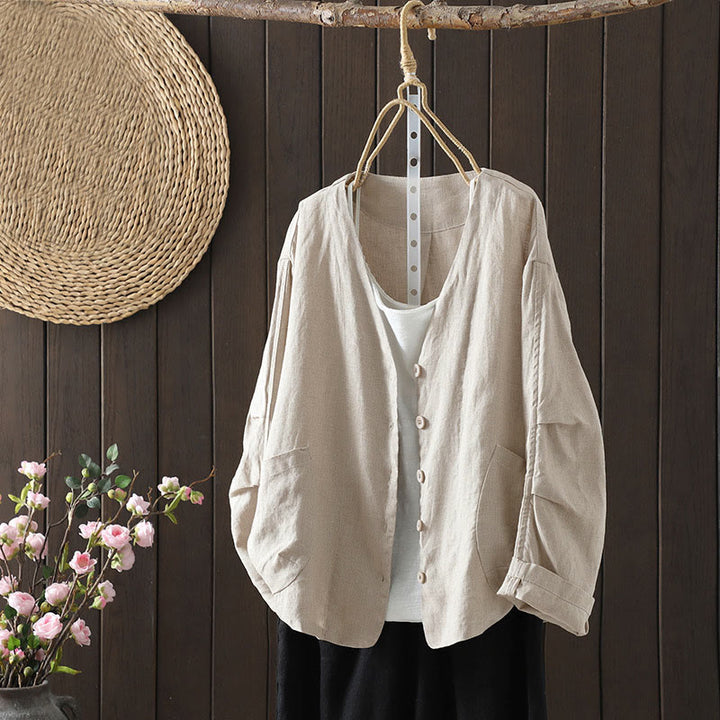Buddha Stones Pure Color V-neck Women's Jacket With Pockets - Beige - US14，UK/AU18，EU46 (2XL) - image 0