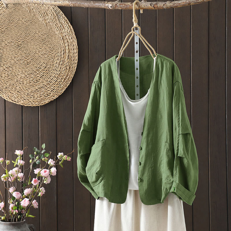 Buddha Stones Pure Color V-neck Women's Jacket With Pockets - MediumSeaGreen - US14，UK/AU18，EU46 (2XL) - image 17