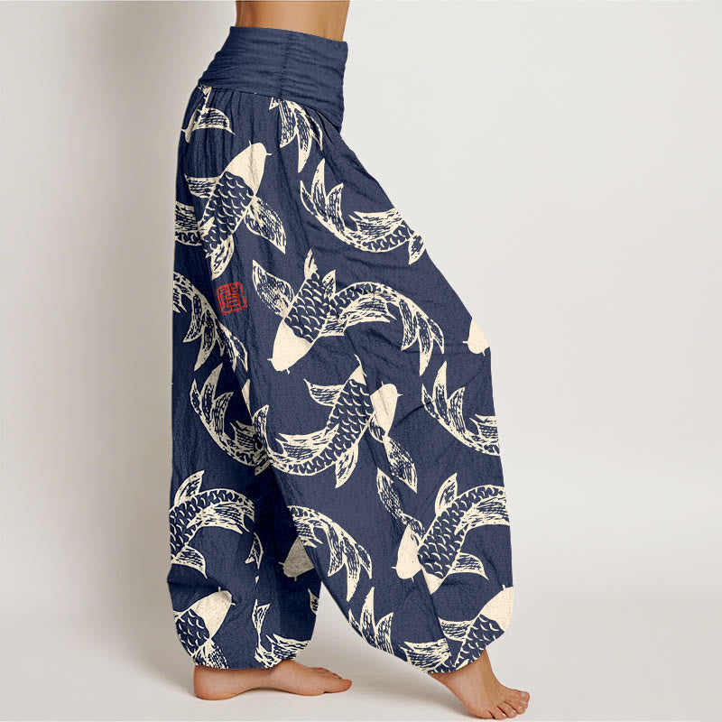 Buddha Stones Pure Cotton Swimming Koi Fish Women's Elastic Waist Harem Pants - image 2