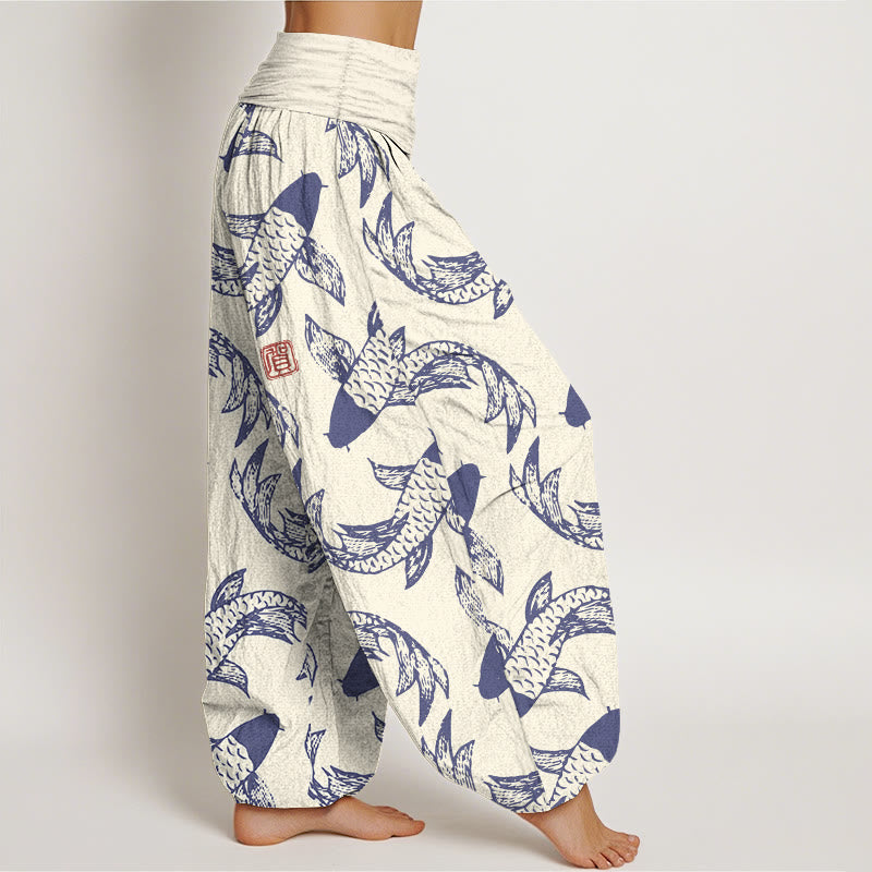 Buddha Stones Pure Cotton Swimming Koi Fish Women's Elastic Waist Harem Pants - image 7