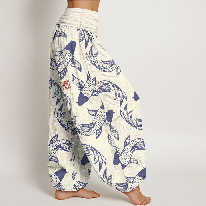 Buddha Stones Pure Cotton Swimming Koi Fish Women's Elastic Waist Harem Pants - image 7