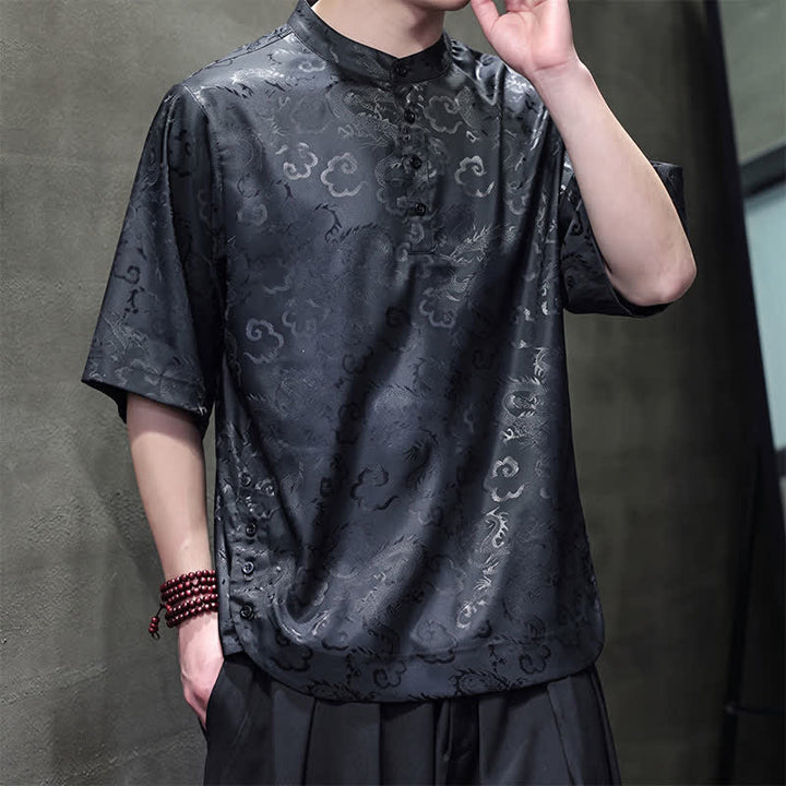 Buddha Stones Summer Vintage Tang Style Mandarin Collar Dragon Clouds Pattern Men's Short Sleeve Shirts - image 6