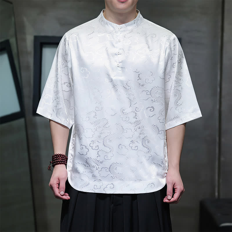 Buddha Stones Summer Vintage Tang Style Mandarin Collar Dragon Clouds Pattern Men's Short Sleeve Shirts - White - US/UK/AU46, EU56 (5XL) - image 10