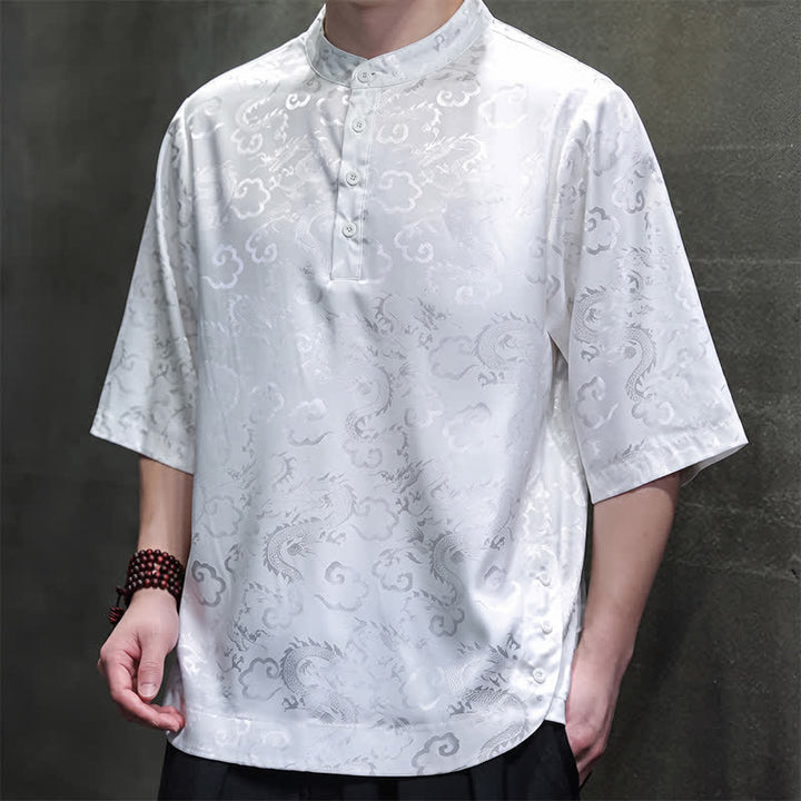 Buddha Stones Summer Vintage Tang Style Mandarin Collar Dragon Clouds Pattern Men's Short Sleeve Shirts - image 14