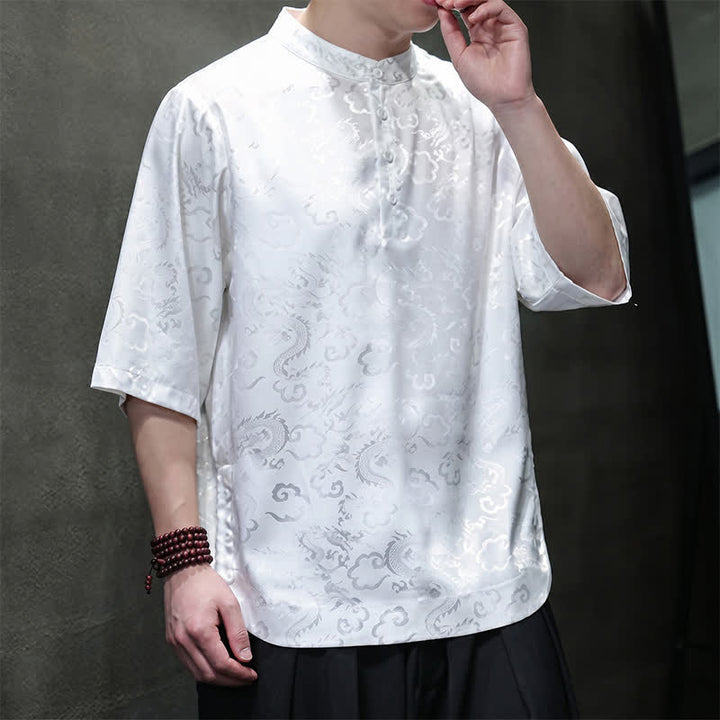 Buddha Stones Summer Vintage Tang Style Mandarin Collar Dragon Clouds Pattern Men's Short Sleeve Shirts - image 11