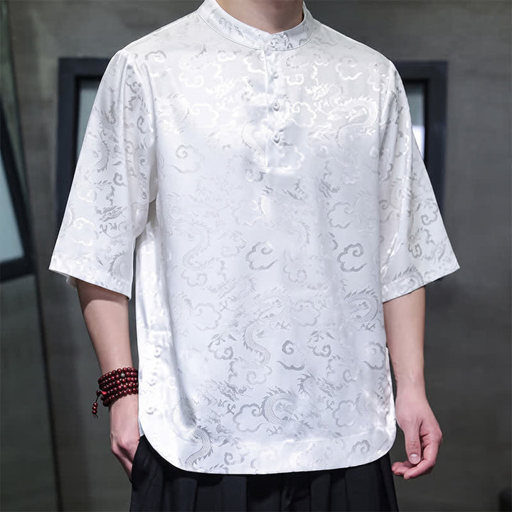 Buddha Stones Summer Vintage Tang Style Mandarin Collar Dragon Clouds Pattern Men's Short Sleeve Shirts - image 12