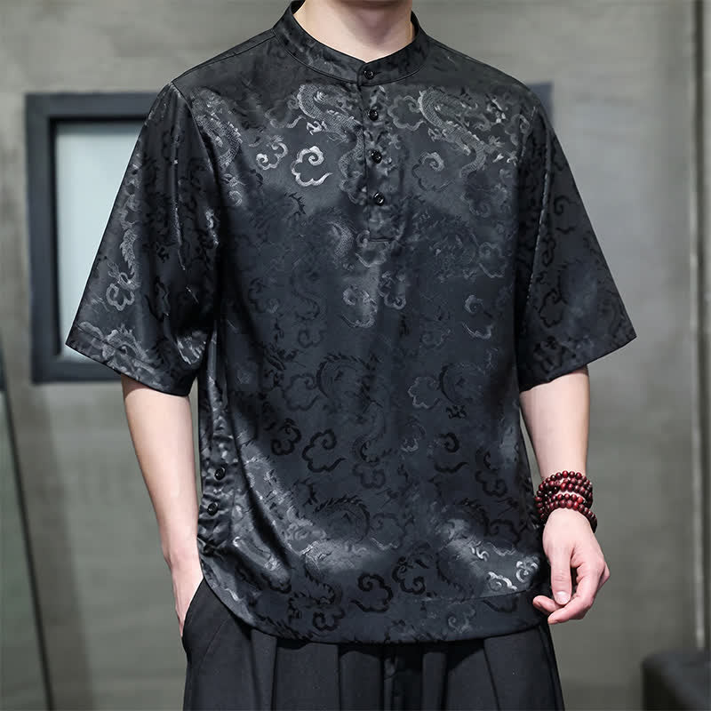 Buddha Stones Summer Vintage Tang Style Mandarin Collar Dragon Clouds Pattern Men's Short Sleeve Shirts - image 3