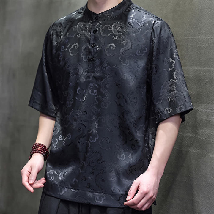 Buddha Stones Summer Vintage Tang Style Mandarin Collar Dragon Clouds Pattern Men's Short Sleeve Shirts - image 8