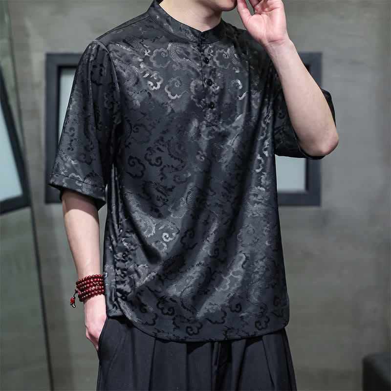 Buddha Stones Summer Vintage Tang Style Mandarin Collar Dragon Clouds Pattern Men's Short Sleeve Shirts - image 1