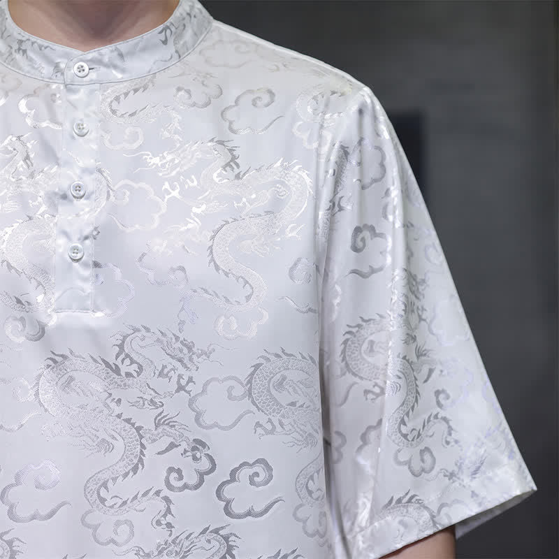 Buddha Stones Summer Vintage Tang Style Mandarin Collar Dragon Clouds Pattern Men's Short Sleeve Shirts - image 19