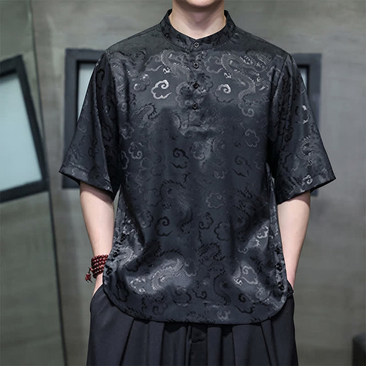 Buddha Stones Summer Vintage Tang Style Mandarin Collar Dragon Clouds Pattern Men's Short Sleeve Shirts - Black - US/UK/AU46, EU56 (5XL) - image 0