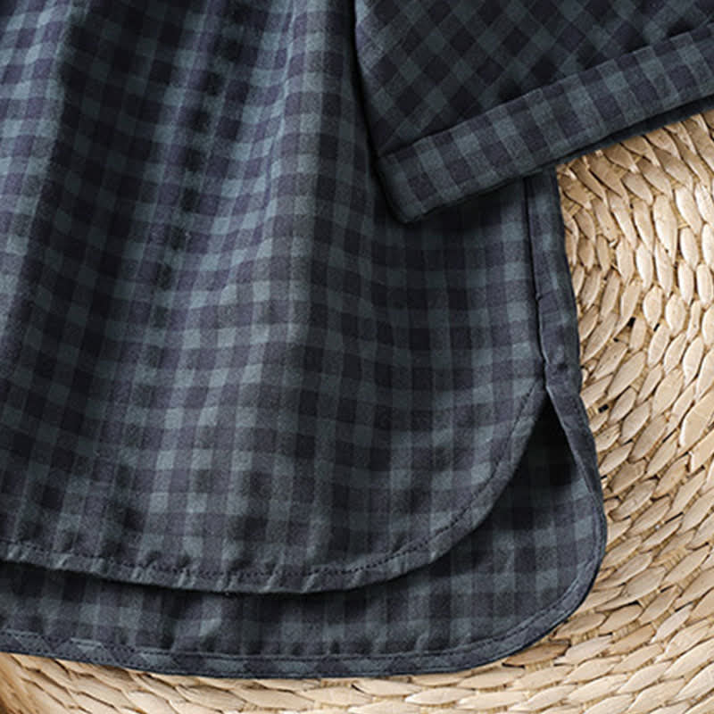 Buddha Stones Spring Summer Casual Tang Style Mandarin Collar Black Plaid Women's Elbow-Length Shirts - image 7