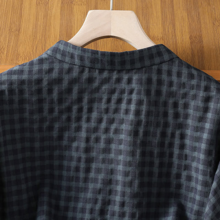 Buddha Stones Spring Summer Casual Tang Style Mandarin Collar Black Plaid Women's Elbow-Length Shirts - image 4