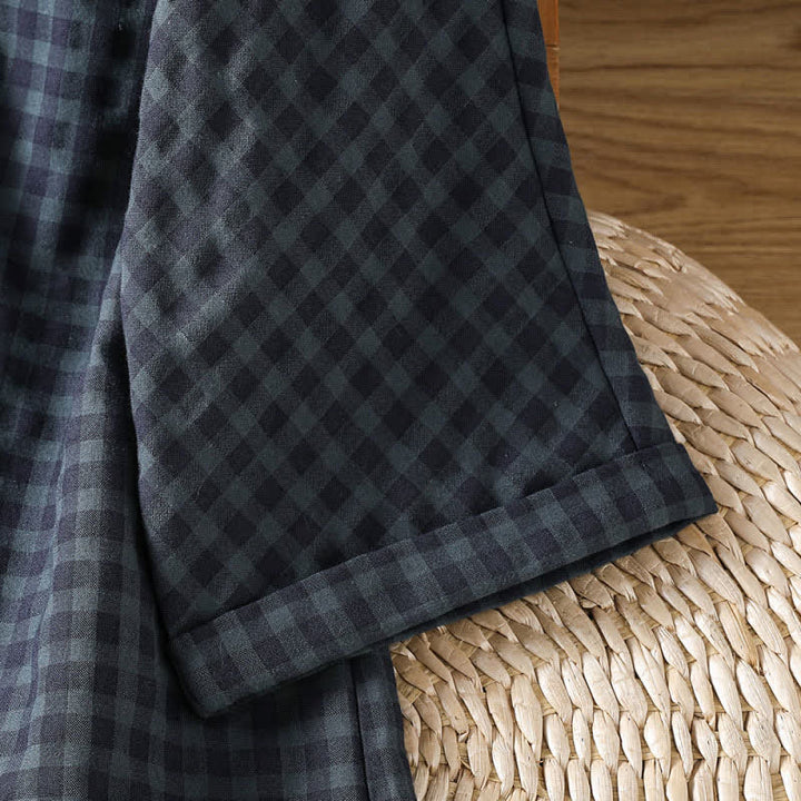 Buddha Stones Spring Summer Casual Tang Style Mandarin Collar Black Plaid Women's Elbow-Length Shirts - image 9