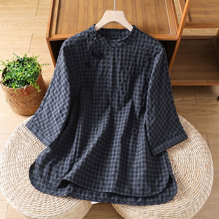Buddha Stones Spring Summer Casual Tang Style Mandarin Collar Black Plaid Women's Elbow-Length Shirts - DarkSlateGray - US8-10, UK/AU12-14, EU40-42 (2XL) - image 0
