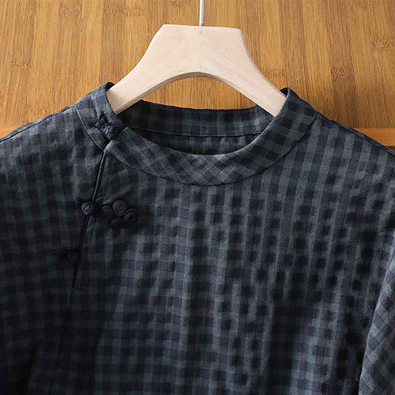 Buddha Stones Spring Summer Casual Tang Style Mandarin Collar Black Plaid Women's Elbow-Length Shirts - image 3