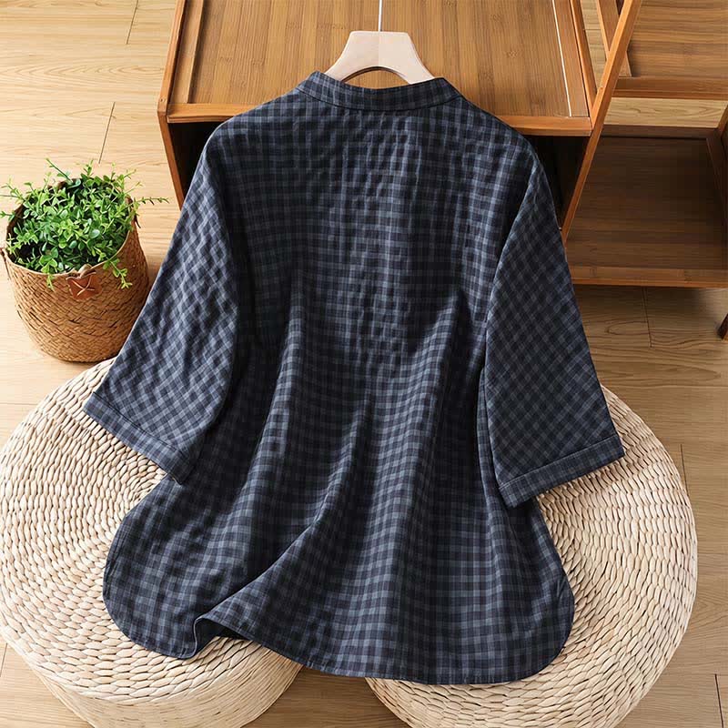 Buddha Stones Spring Summer Casual Tang Style Mandarin Collar Black Plaid Women's Elbow-Length Shirts - image 1