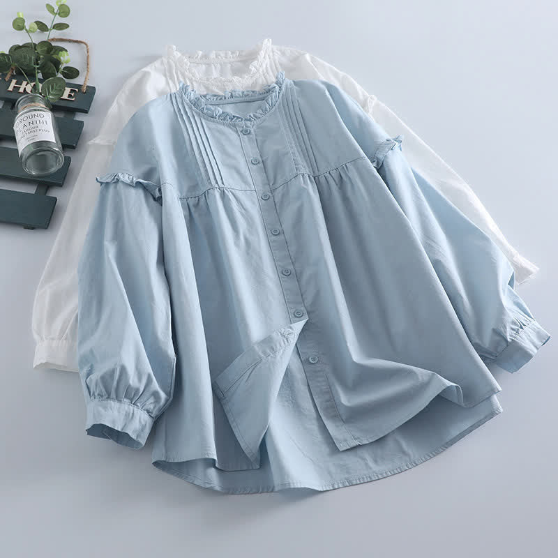 Buddha Stones Spring Casual Vintage Button-Up Solid Pleated Women's Long Sleeve Shirts - image 9