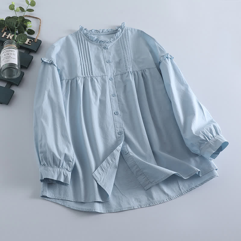 Buddha Stones Spring Casual Vintage Button-Up Solid Pleated Women's Long Sleeve Shirts - LightBlue - US8-10, UK/AU12-14, EU40-42 (2XL) - image 0