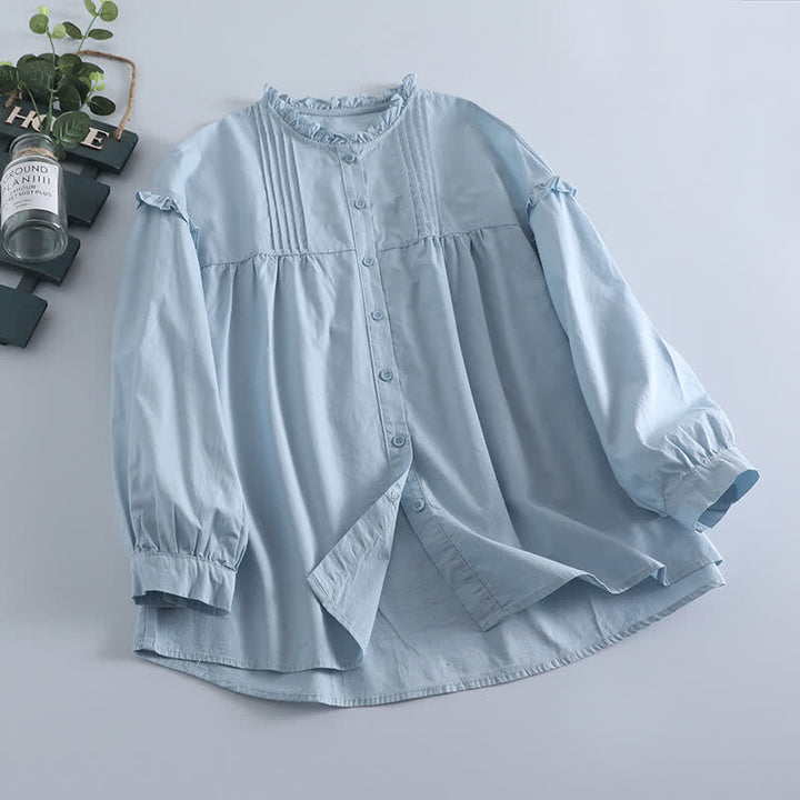Buddha Stones Spring Casual Vintage Button-Up Solid Pleated Women's Long Sleeve Shirts - LightBlue - US8-10, UK/AU12-14, EU40-42 (2XL) - image 0