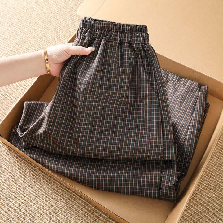 Buddha Stones Spring Summer Casual Brown Plaid Cropped Pants Women's Wide Leg Pants With Pockets - image 3