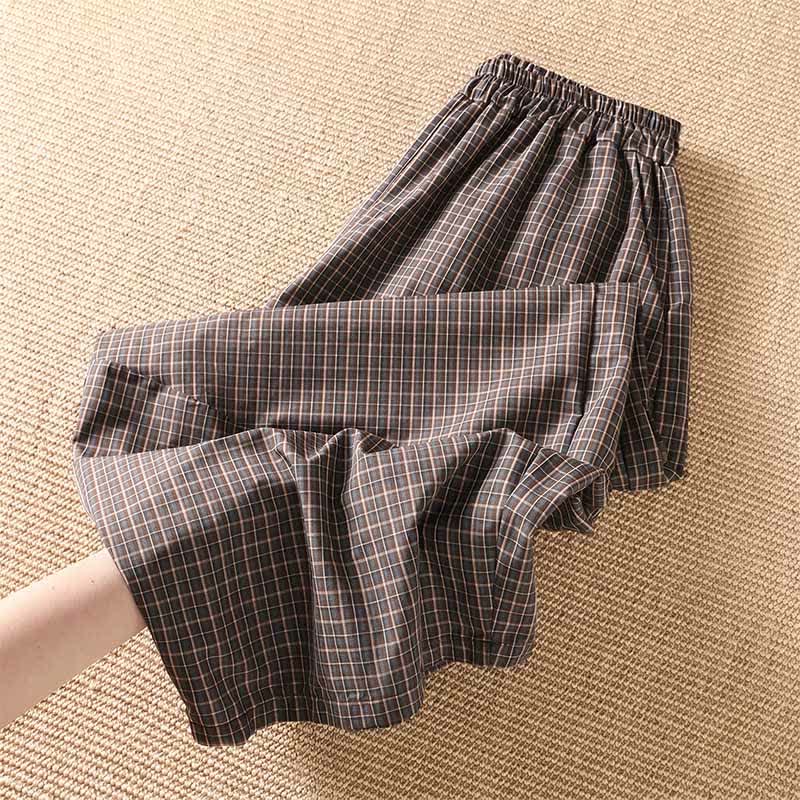 Buddha Stones Spring Summer Casual Brown Plaid Cropped Pants Women's Wide Leg Pants With Pockets - image 2