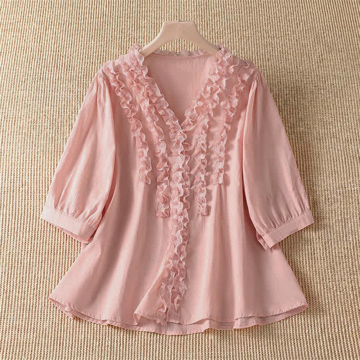 Buddha Stones Summer Casual Elegant Solid V-Neck Layered Ruffle Women's Three-Quarter Sleeve Shirts - LightPink - US8-10, UK/AU12-14, EU40-42 (XL) - image 0