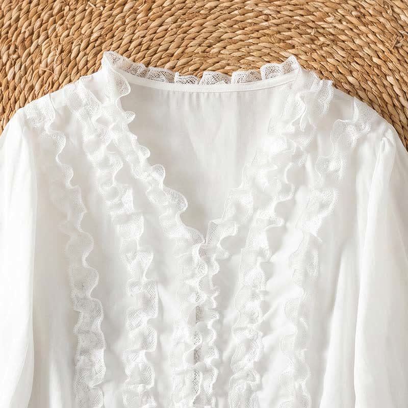 Buddha Stones Summer Casual Elegant Solid V-Neck Layered Ruffle Women's Three-Quarter Sleeve Shirts - image 26