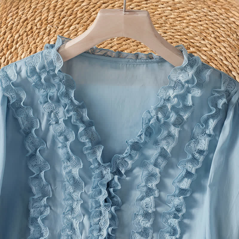 Buddha Stones Summer Casual Elegant Solid V-Neck Layered Ruffle Women's Three-Quarter Sleeve Shirts - image 11