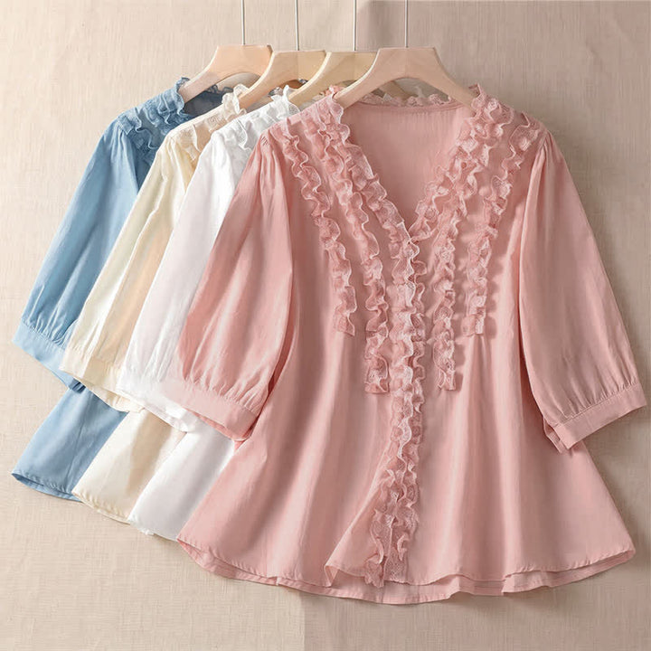 Buddha Stones Summer Casual Elegant Solid V-Neck Layered Ruffle Women's Three-Quarter Sleeve Shirts - image 31