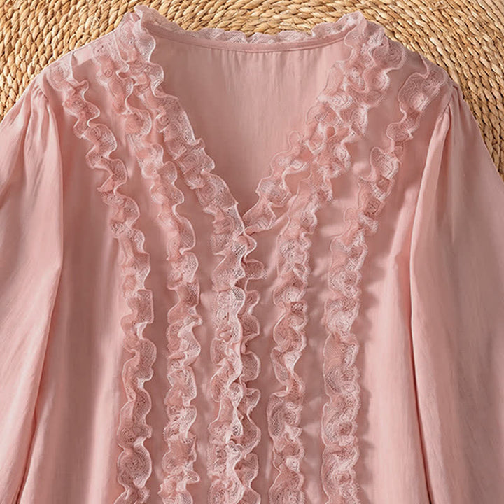 Buddha Stones Summer Casual Elegant Solid V-Neck Layered Ruffle Women's Three-Quarter Sleeve Shirts - image 5