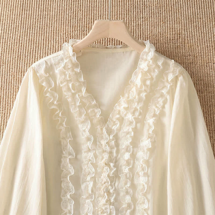 Buddha Stones Summer Casual Elegant Solid V-Neck Layered Ruffle Women's Three-Quarter Sleeve Shirts - image 17