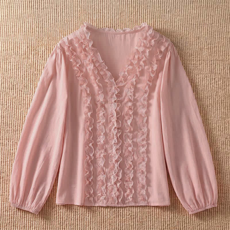 Buddha Stones Summer Casual Elegant Solid V-Neck Layered Ruffle Women's Three-Quarter Sleeve Shirts - image 2