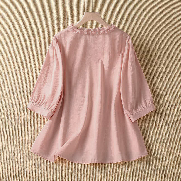 Buddha Stones Summer Casual Elegant Solid V-Neck Layered Ruffle Women's Three-Quarter Sleeve Shirts - image 1