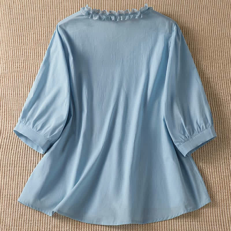 Buddha Stones Summer Casual Elegant Solid V-Neck Layered Ruffle Women's Three-Quarter Sleeve Shirts - image 14