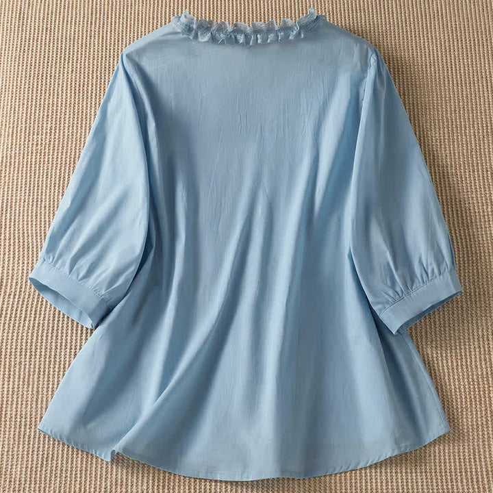 Buddha Stones Summer Casual Elegant Solid V-Neck Layered Ruffle Women's Three-Quarter Sleeve Shirts - image 14