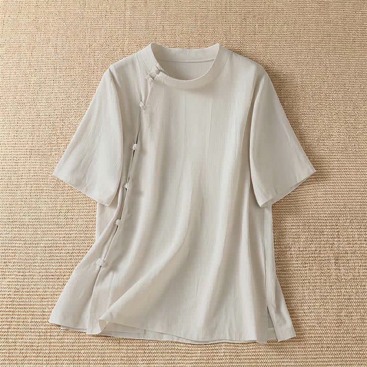 Buddha Stones Summer Casual Tang Style Frog Button Crew Neck Solid Women's Short Sleeve Shirts - Beige - US8-10, UK/AU12-14, EU40-42 (2XL) - image 5