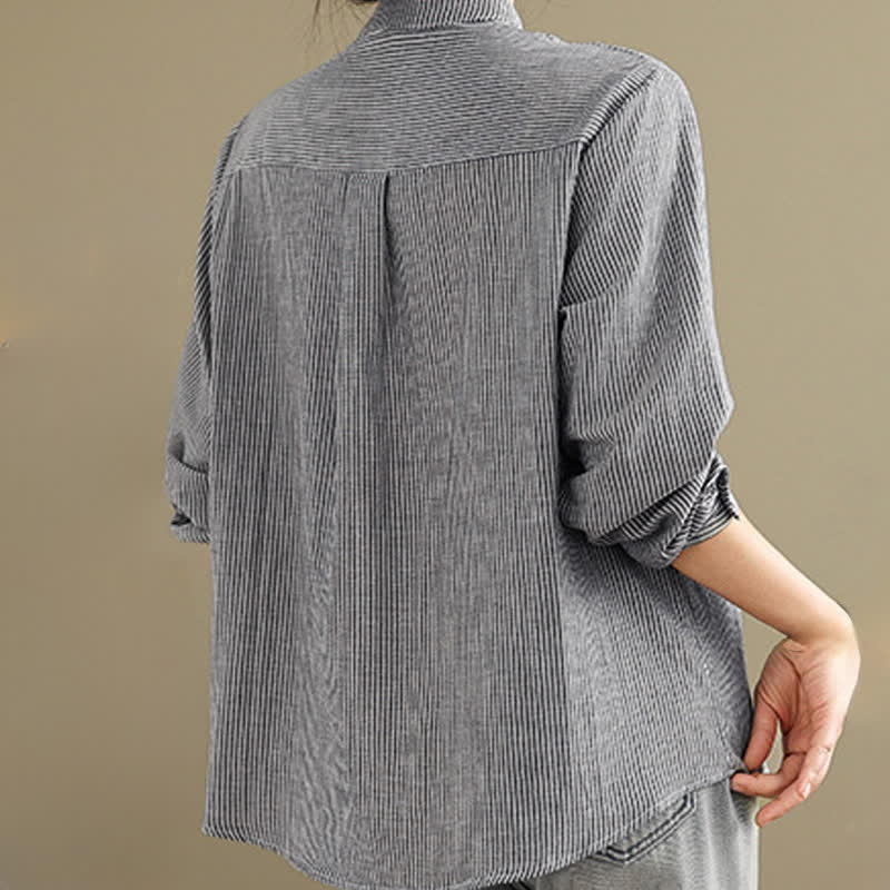 Buddha Stones Summer Casual Tang Style Mandarin Collar Striped Women's Long Sleeve Shirts With Patch Pocket - image 3