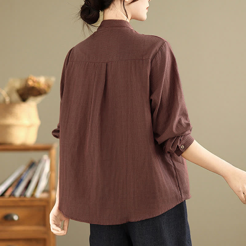 Buddha Stones Summer Casual Tang Style Mandarin Collar Striped Women's Long Sleeve Shirts With Patch Pocket - image 11