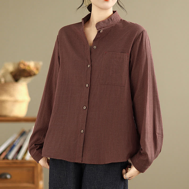 Buddha Stones Summer Casual Tang Style Mandarin Collar Striped Women's Long Sleeve Shirts With Patch Pocket - image 10