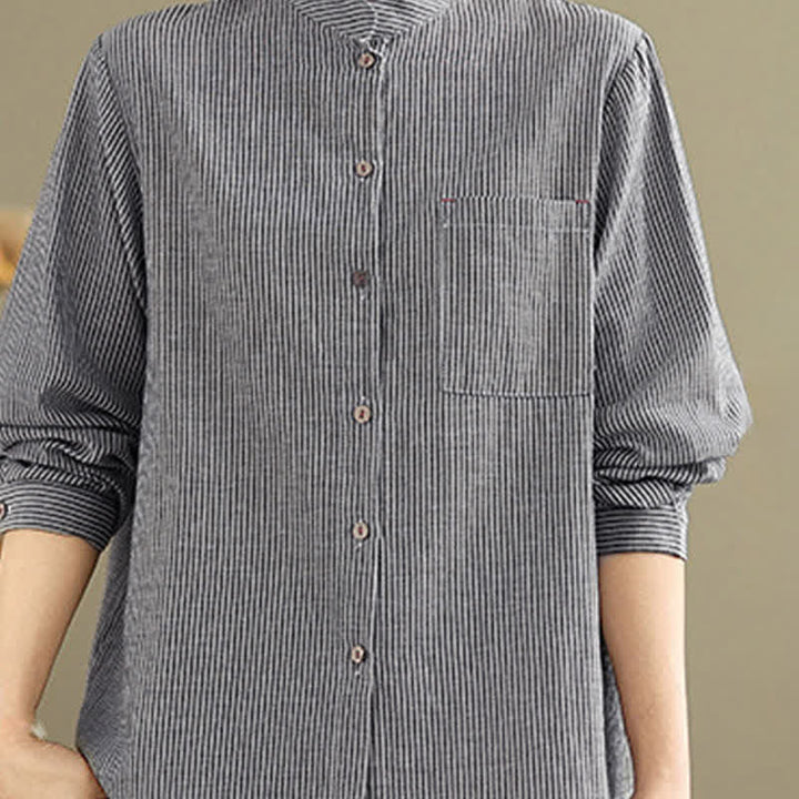 Buddha Stones Summer Casual Tang Style Mandarin Collar Striped Women's Long Sleeve Shirts With Patch Pocket - image 6