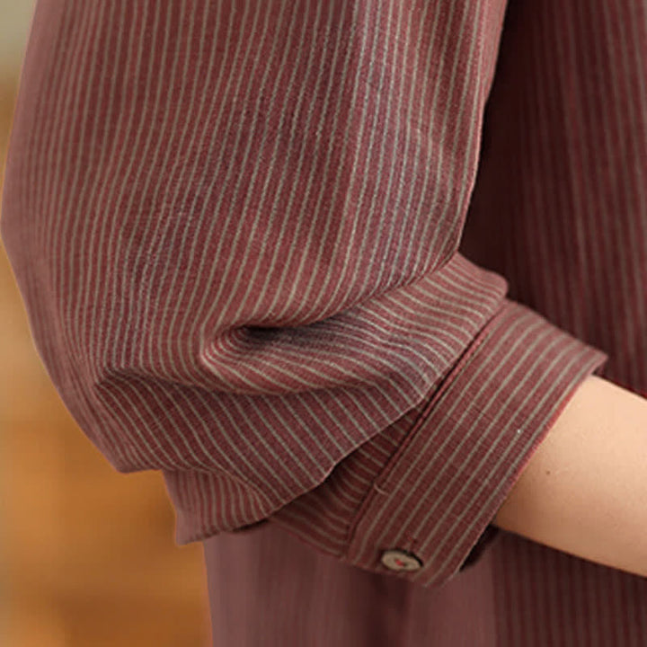 Buddha Stones Summer Casual Tang Style Mandarin Collar Striped Women's Long Sleeve Shirts With Patch Pocket - image 18