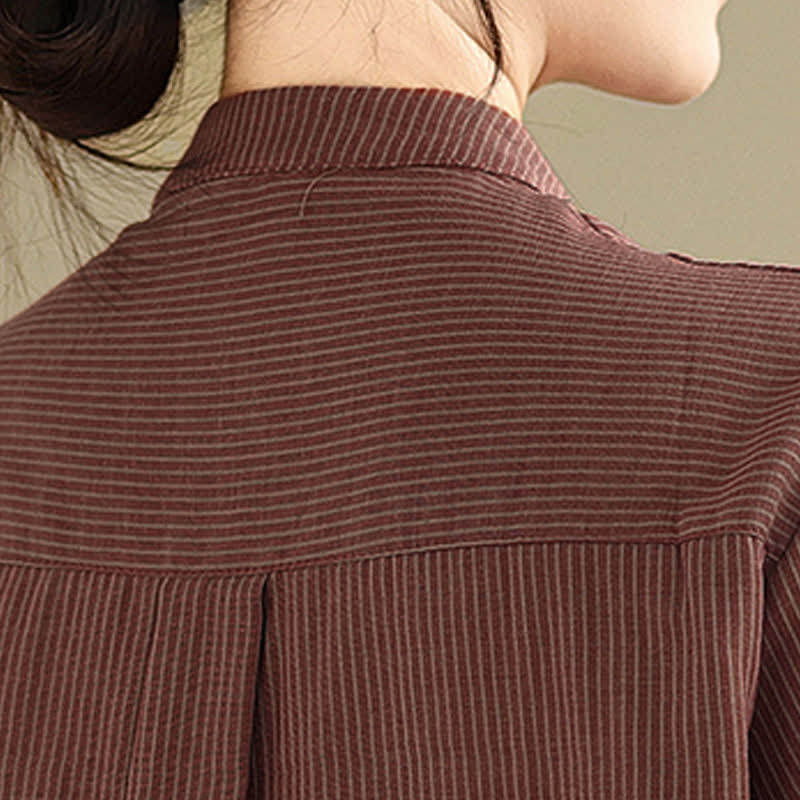 Buddha Stones Summer Casual Tang Style Mandarin Collar Striped Women's Long Sleeve Shirts With Patch Pocket - image 16