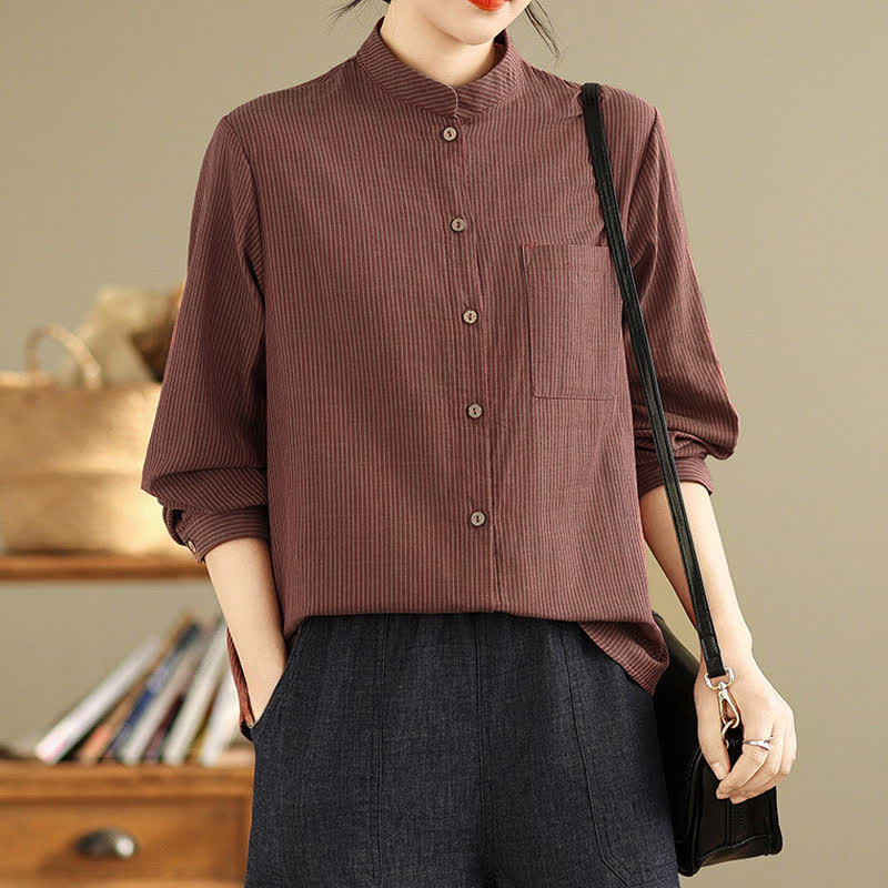 Buddha Stones Summer Casual Tang Style Mandarin Collar Striped Women's Long Sleeve Shirts With Patch Pocket - Maroon - US8-10, UK/AU12-14, EU40-42 (2XL) - image 8
