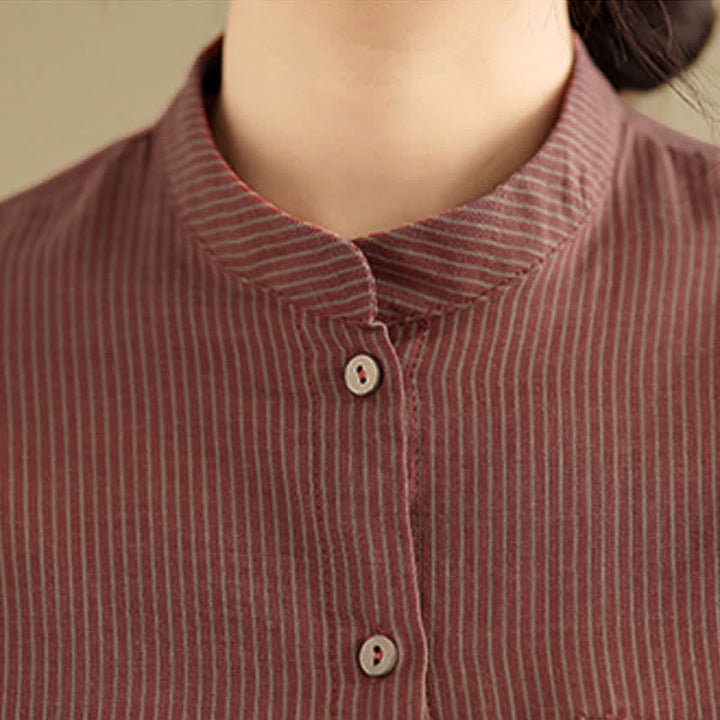 Buddha Stones Summer Casual Tang Style Mandarin Collar Striped Women's Long Sleeve Shirts With Patch Pocket - image 15