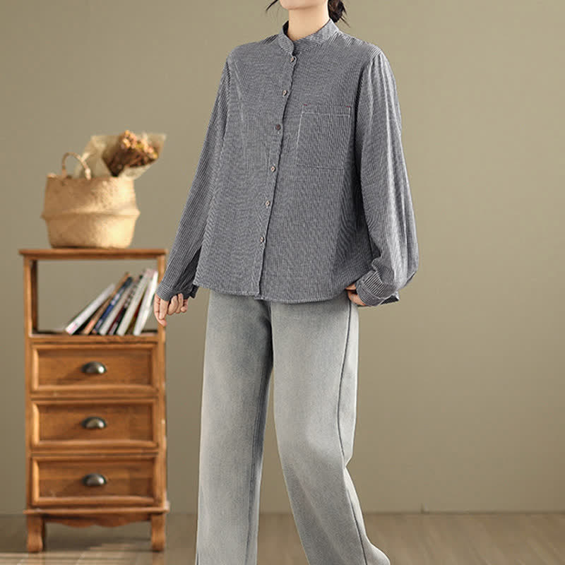 Buddha Stones Summer Casual Tang Style Mandarin Collar Striped Women's Long Sleeve Shirts With Patch Pocket - image 7