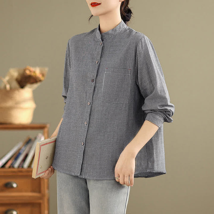 Buddha Stones Summer Casual Tang Style Mandarin Collar Striped Women's Long Sleeve Shirts With Patch Pocket - image 1