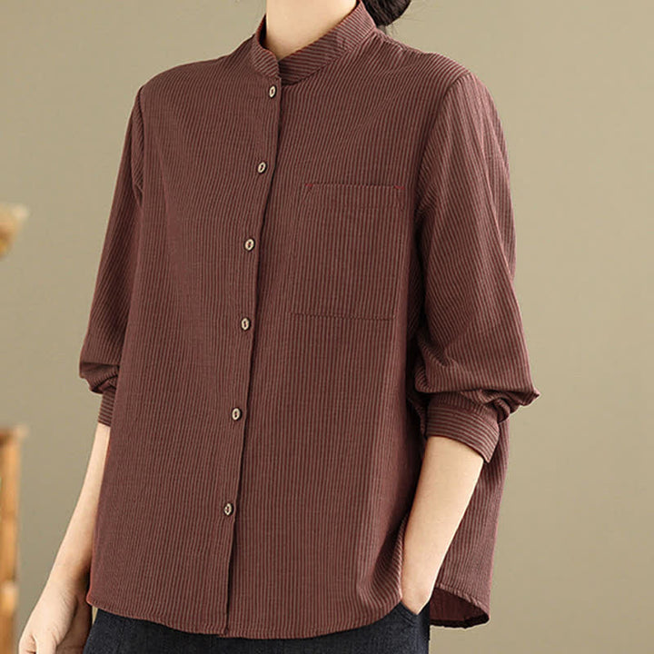 Buddha Stones Summer Casual Tang Style Mandarin Collar Striped Women's Long Sleeve Shirts With Patch Pocket - image 12