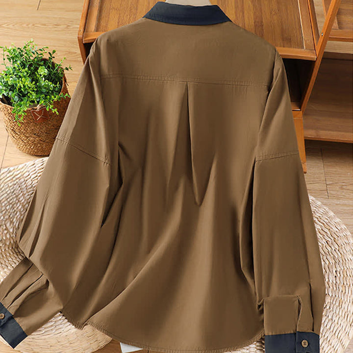 Buddha Stones Summer Casual Minimalist Solid Contrast Trim Women's Long Sleeve Shirts With Patch Pocket - image 10